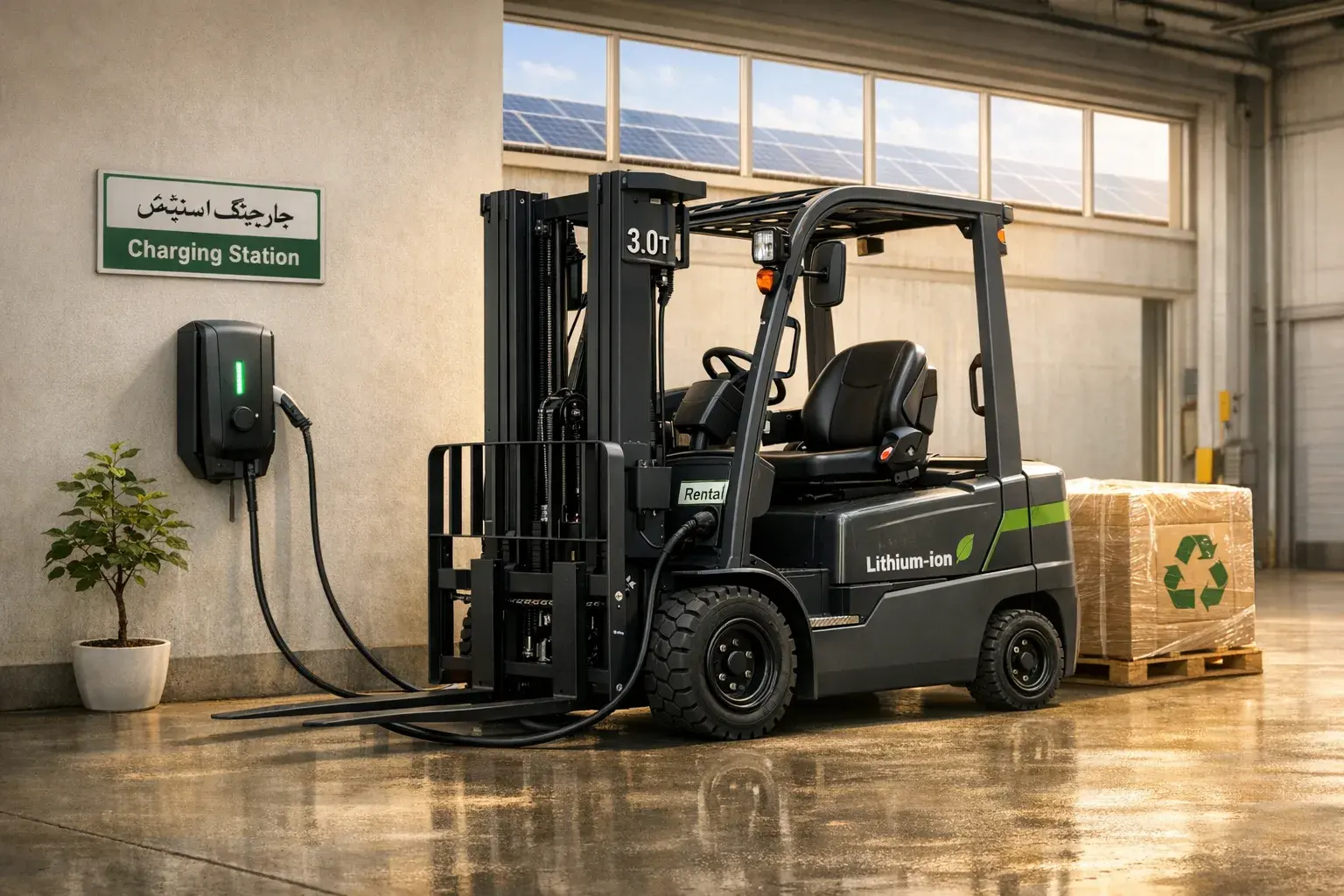 Eco-friendly electric forklift with zero emissions operating in a warehouse