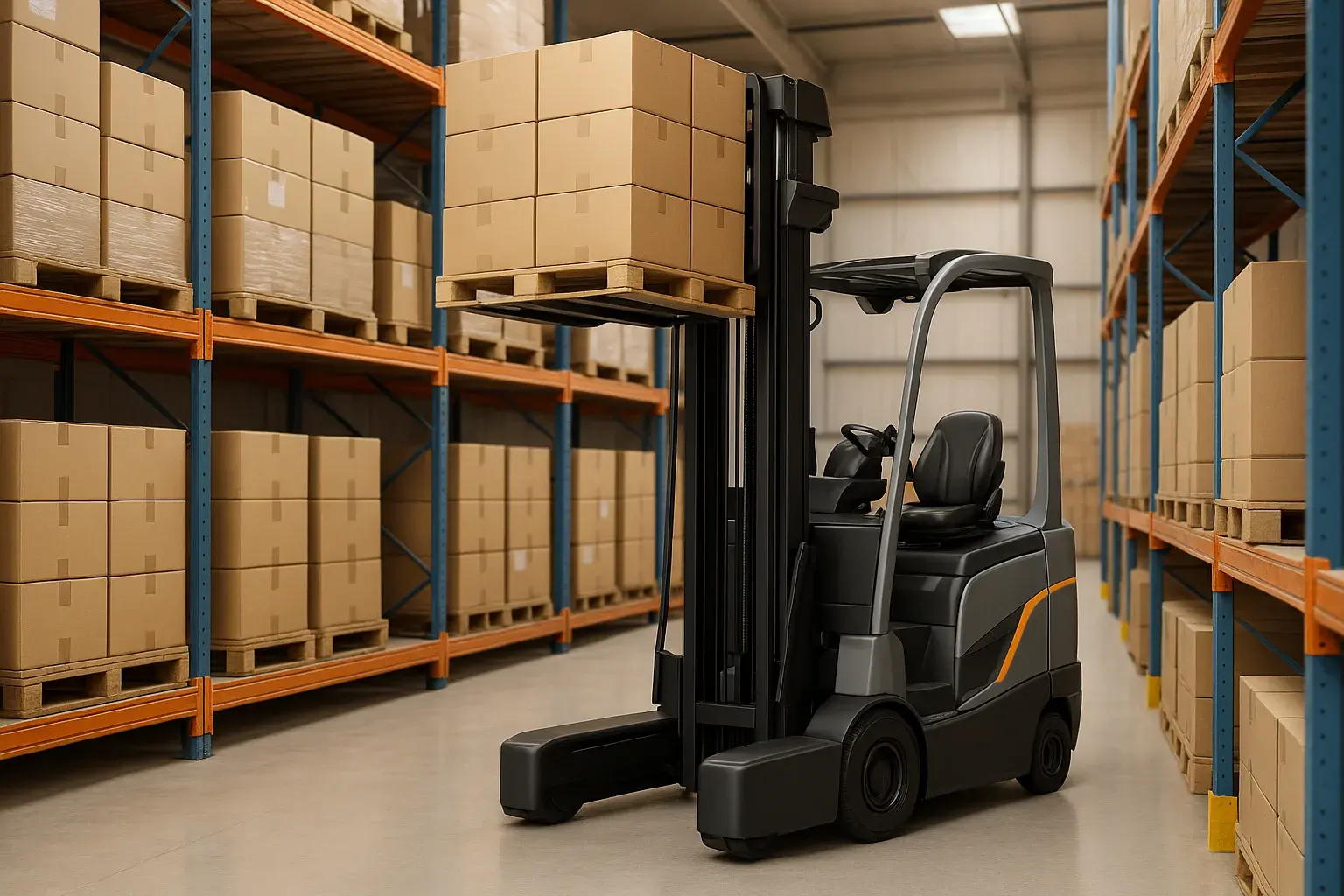 Electric reach truck lifting a pallet in a narrow warehouse aisle