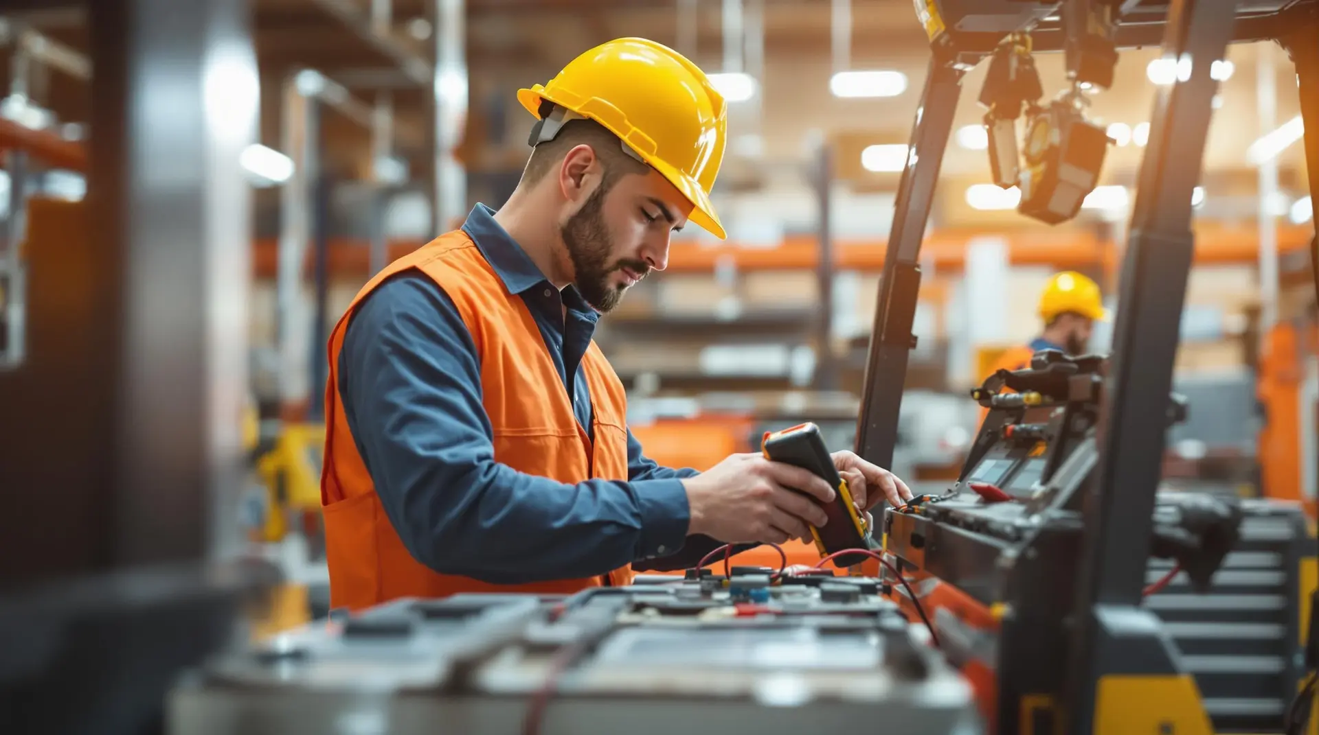 Forklift traction battery being maintained in a warehouse in Pakistan