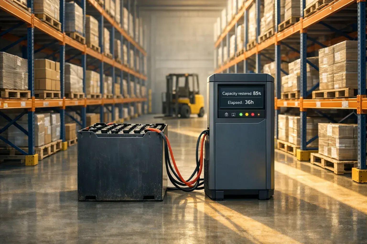 Forklift lead-acid battery being regenerated to restore capacity in a warehouse