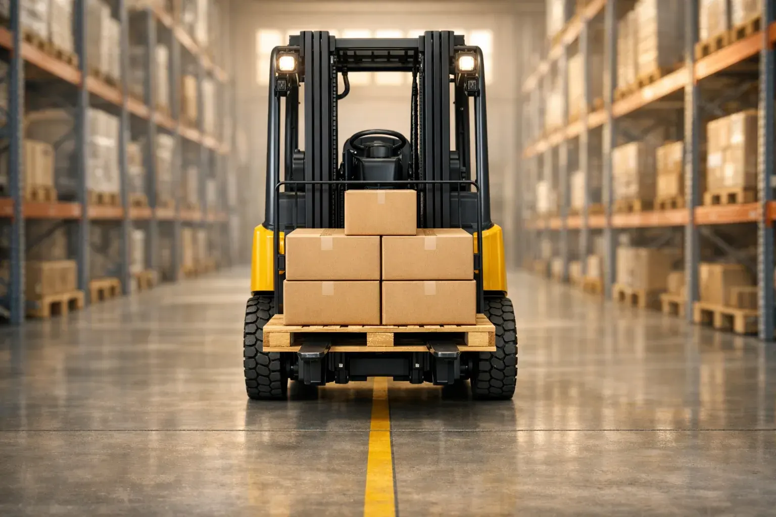 Forklift carrying a centred load to optimise energy use in a warehouse