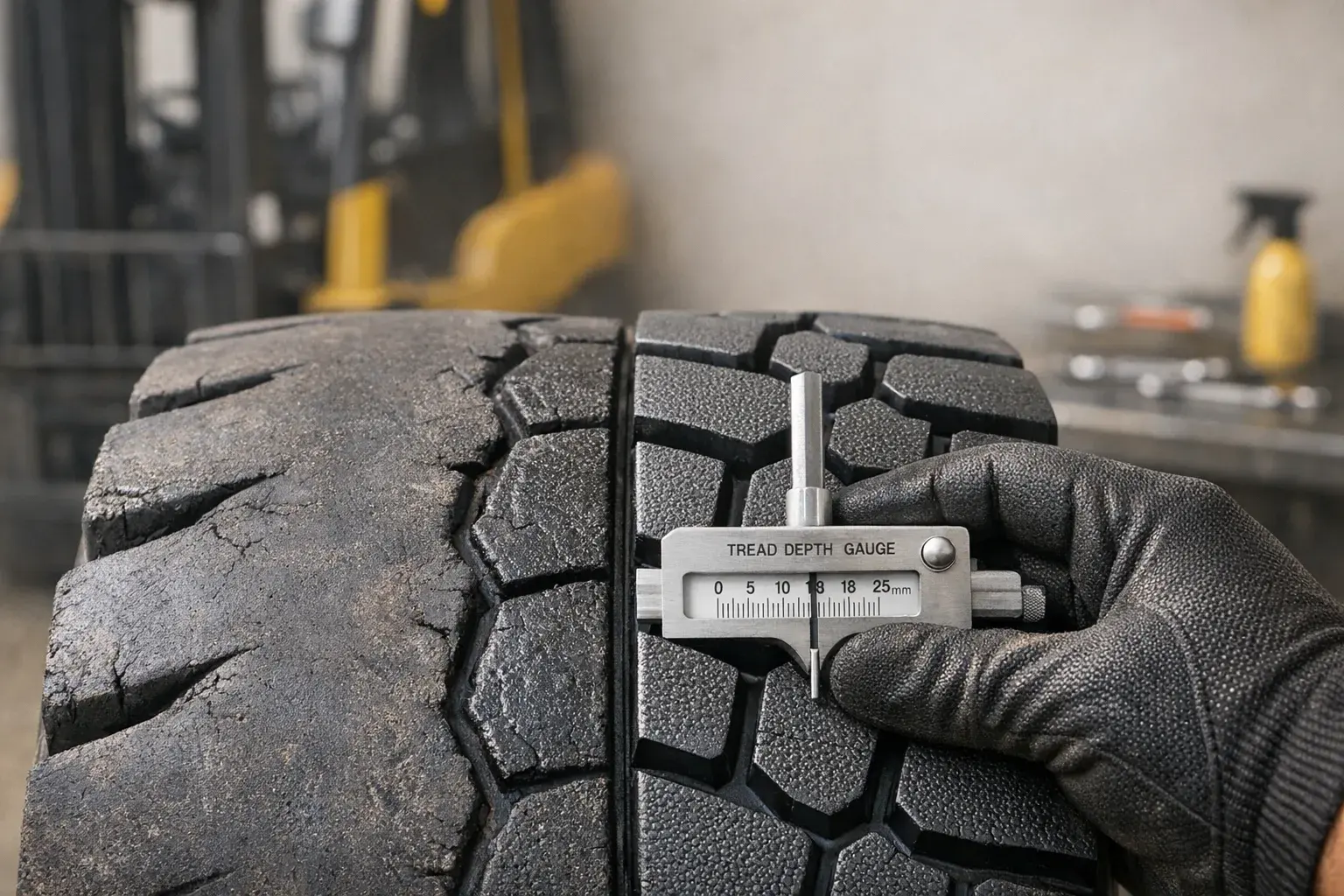 Forklift tire being inspected for retreading in a maintenance workshop