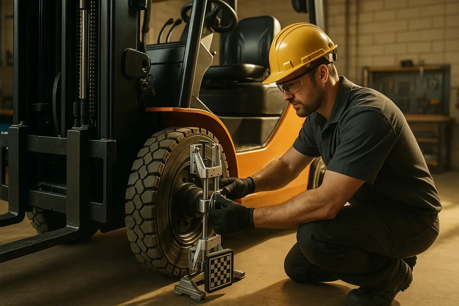 Forklift wheel being aligned and balanced during maintenance