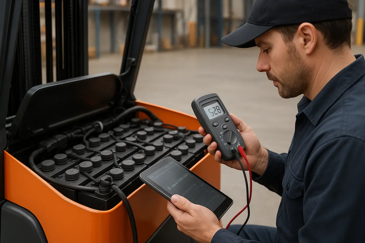 Technician monitoring forklift battery health with a battery management system