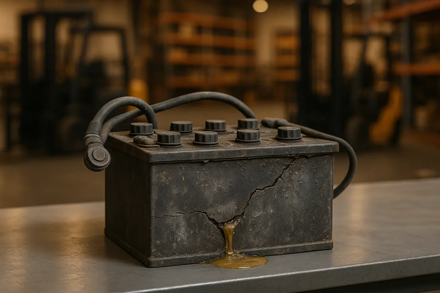 Forklift battery showing warning signs that it needs regeneration