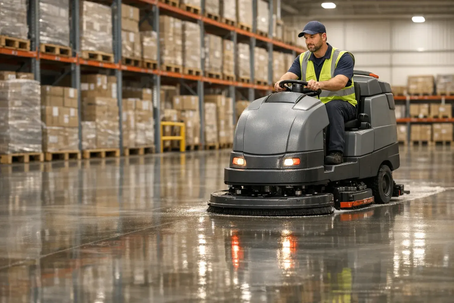 Clean warehouse floor being maintained with a floor scrubber for longevity