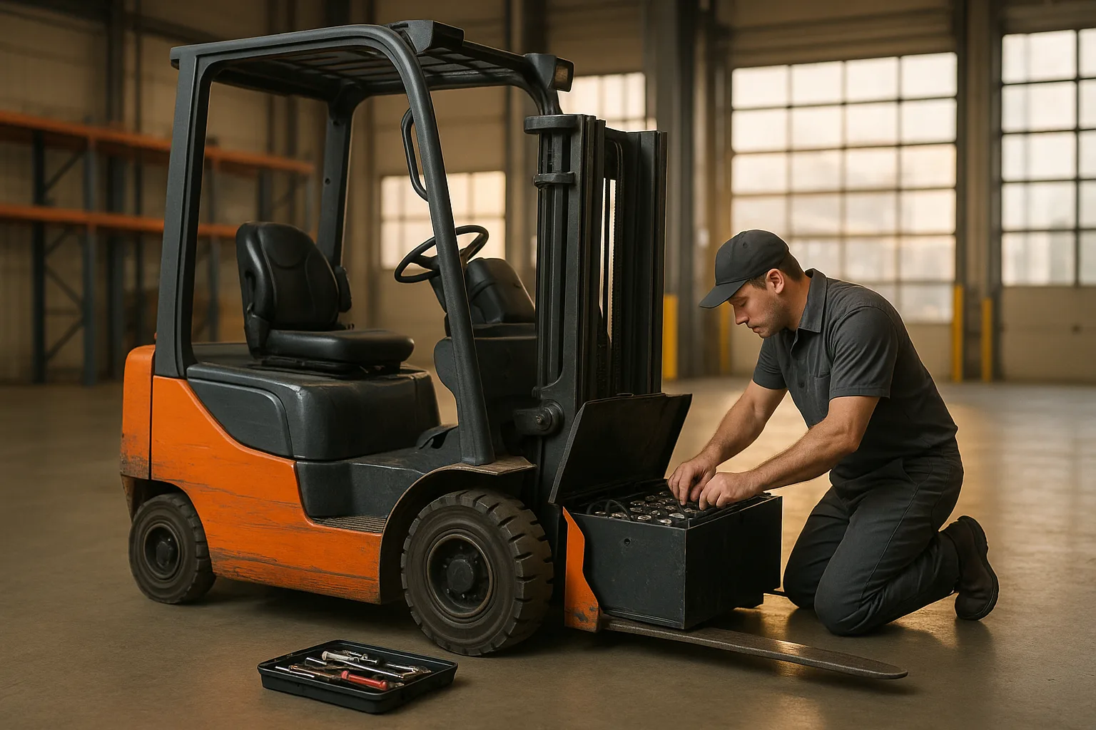 Technician troubleshooting common problems on an electric forklift