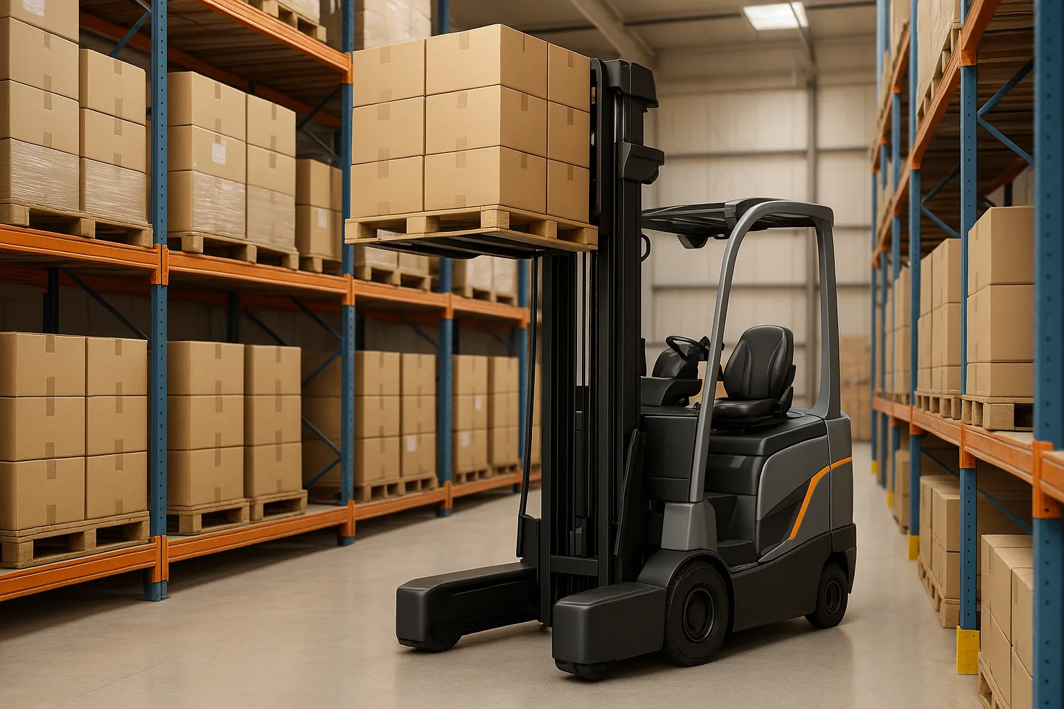 Electric reach truck lifting a pallet in a narrow warehouse aisle