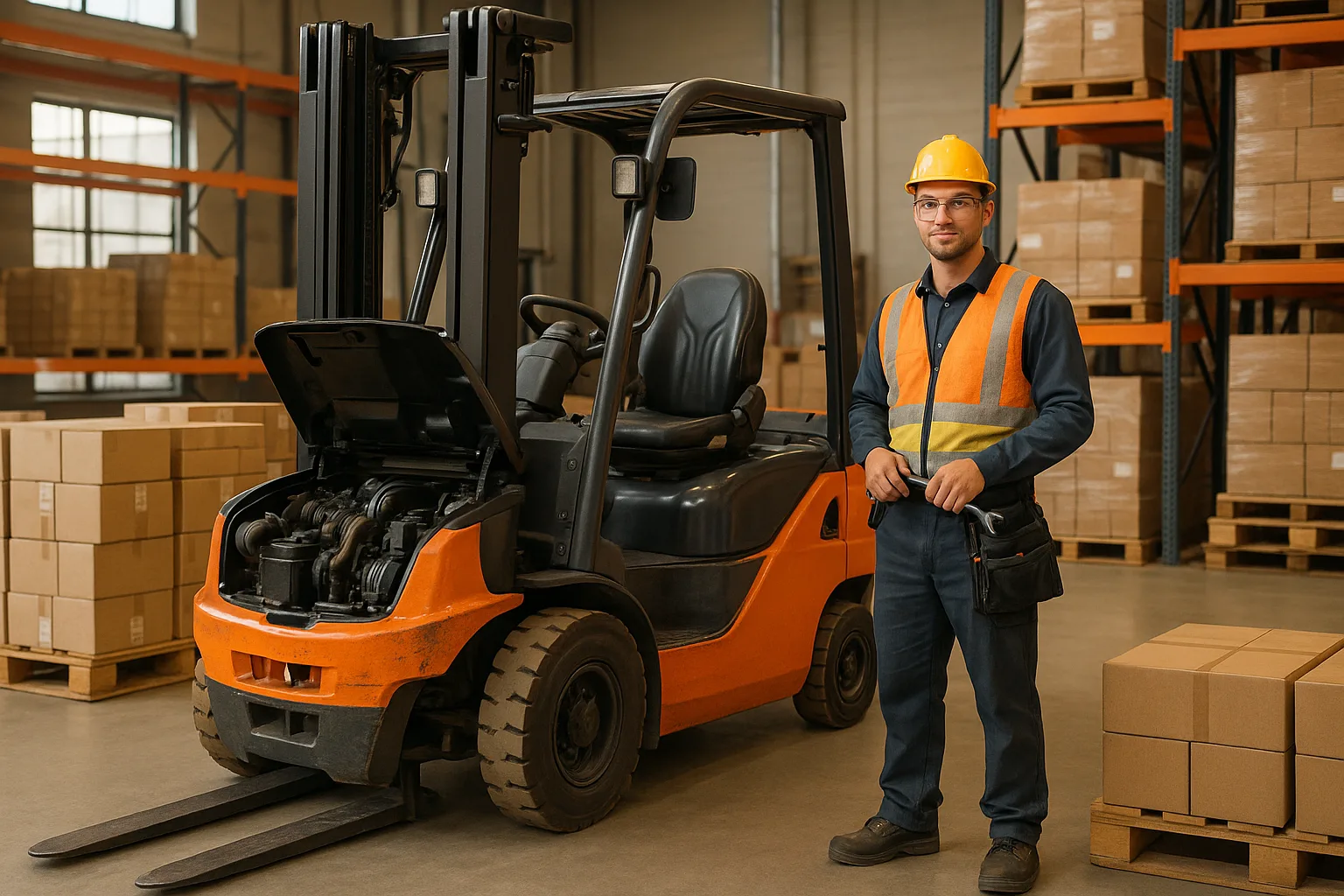 Warehouse forklift undergoing preventive maintenance inspection