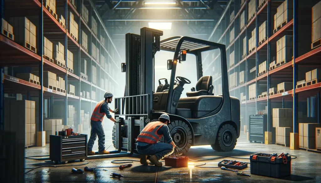 A scene depicting workers repairing a forklift. The forklift is large and industrial, situated in a spacious warehouse. Two workers, wearing safety gear