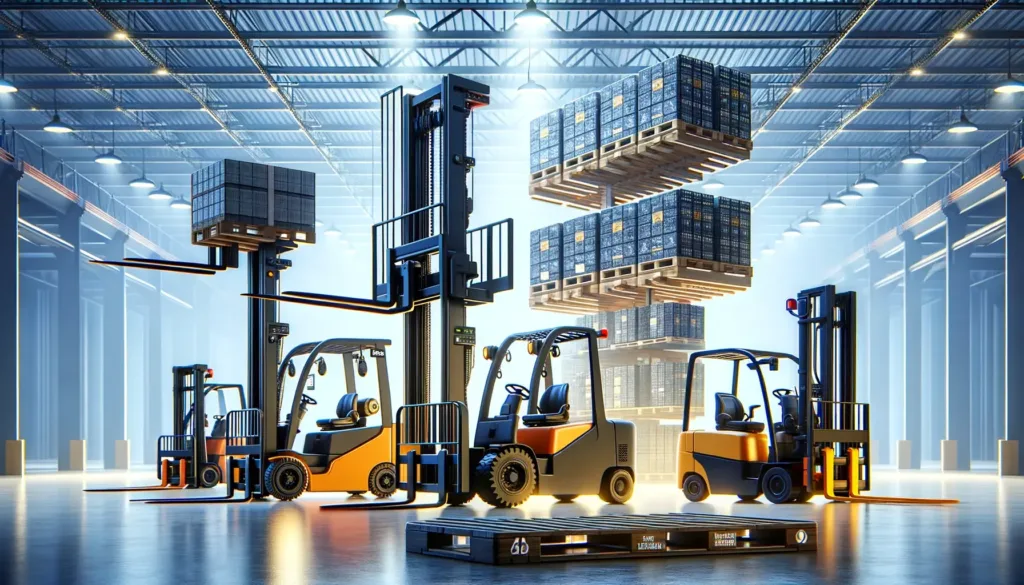 An image showcasing a variety of material handling equipment, including all major types forklift, reach truck, stacker, and hand pallet. The forklift