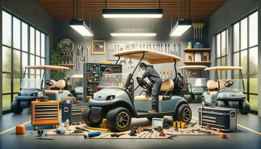 A scene depicting the repair and maintenance of golf carts. The setting is a well-equipped garage or workshop, specifically designed for small vehicle
